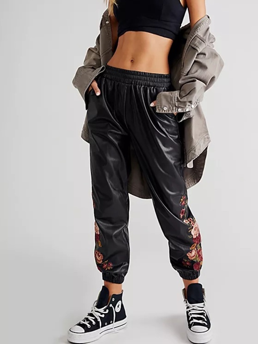 Driftwood Emma Vegan Faux Leather Joggers Pull On Pants Embroidered Black XL